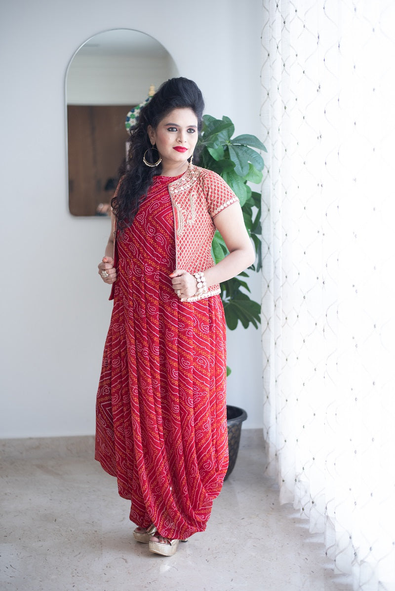 Red Bandhej Kurta with Raw Silk Work Jacket