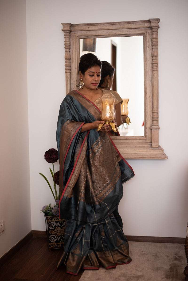 Sarees for Every Occasion: Grey Banarasi Silk Saree – Parvati Ethnic